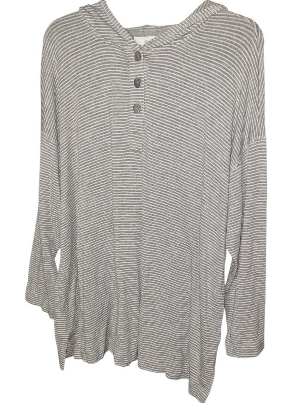 J. Jill Shirt Womens XL Gray White Striped Hooded Henley Long Sleeve Pullover
